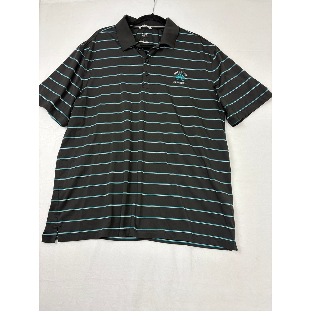 Cutter & Buck Mens XL 2017 US Open Erin Hills Golf Polo Shirt Black Teal Striped